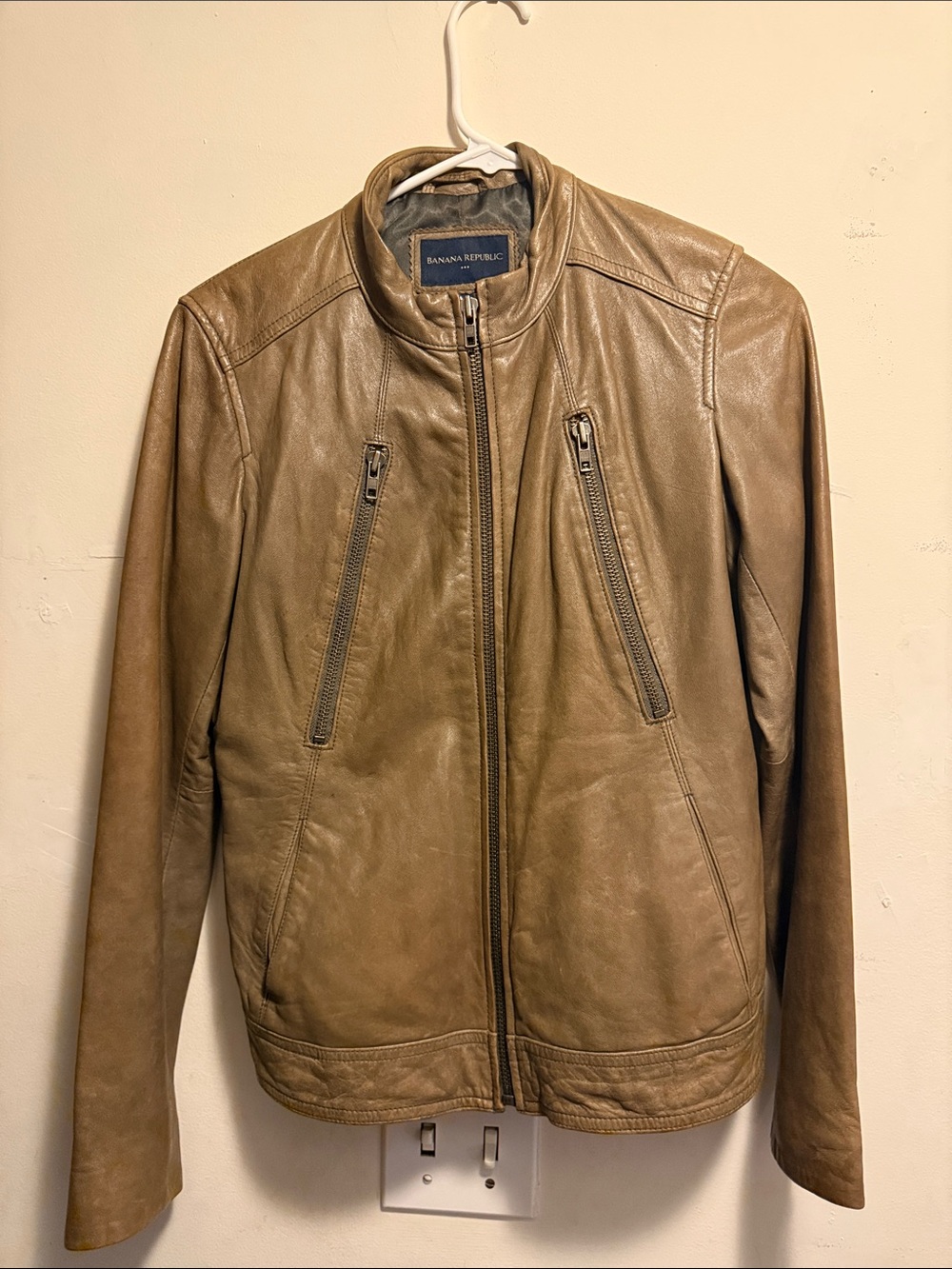 Banana Republic Light Brown Leather Zip Bomber Jacket
